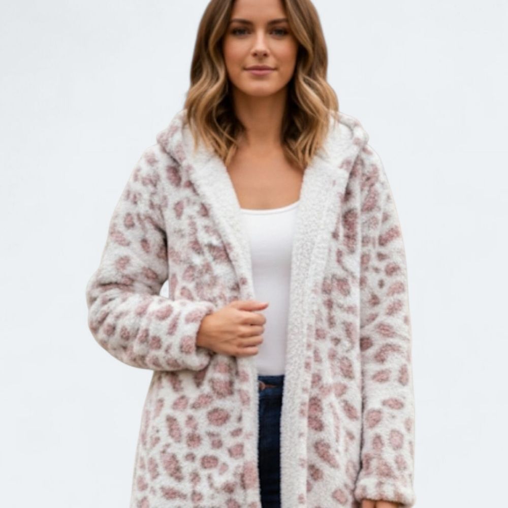 NWT Leopard Sherpa Jacket Hooded with Pockets Cozy Tunic Length Hayden L.A. sz S